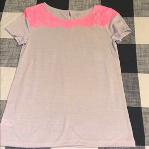 NWT beige ladies T-shirt with neon pink lace trim